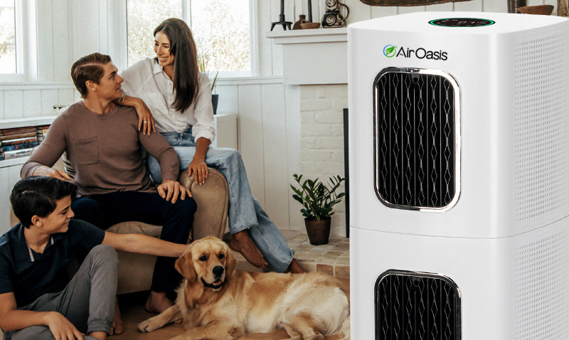 iAdaptAir HEPA air purifier in a living room with a family