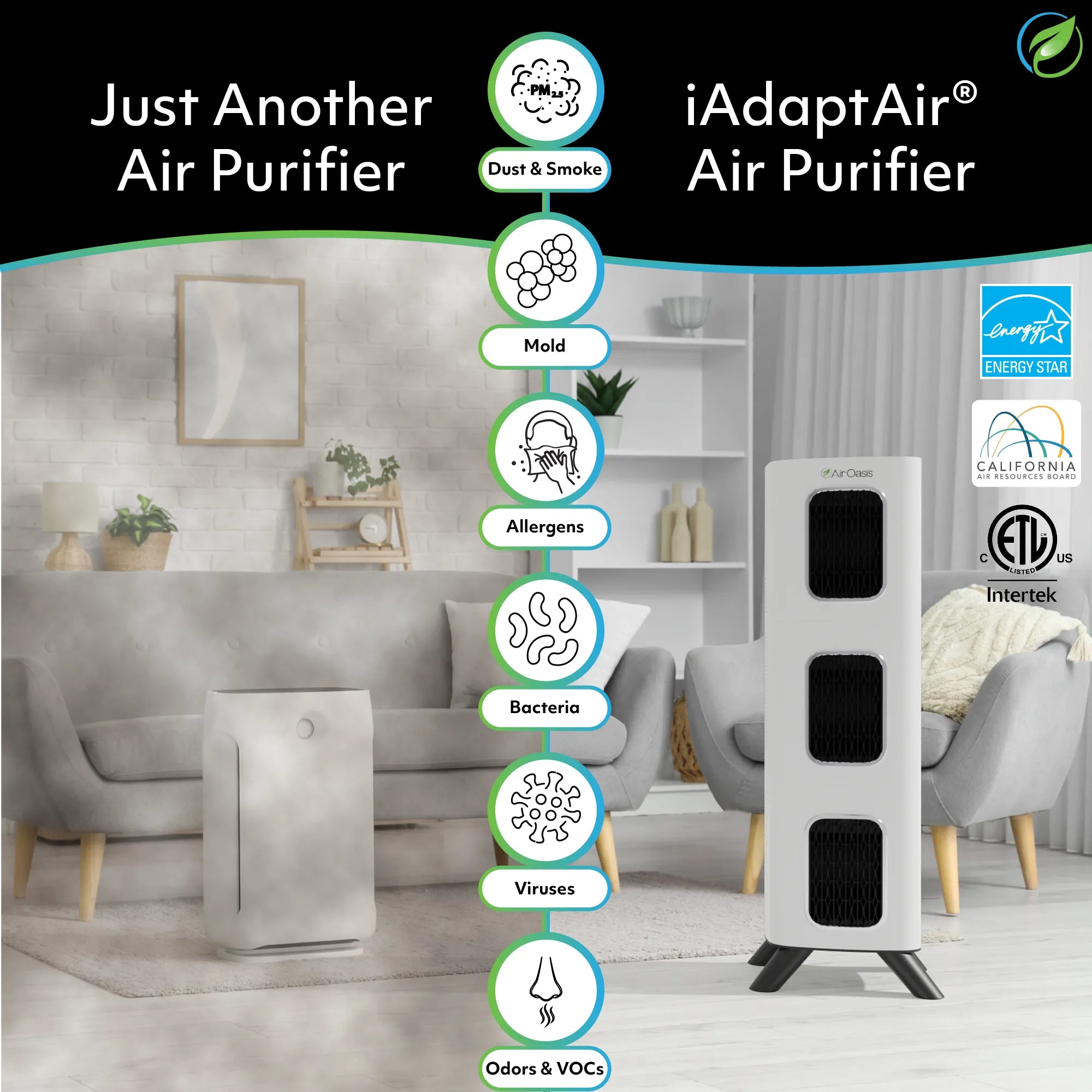 Large iAdaptAir air purifier in a room with clean air and icons showing it reduces dust, smoke, mold, allergens, bacteria, viruses, odors and VOCs