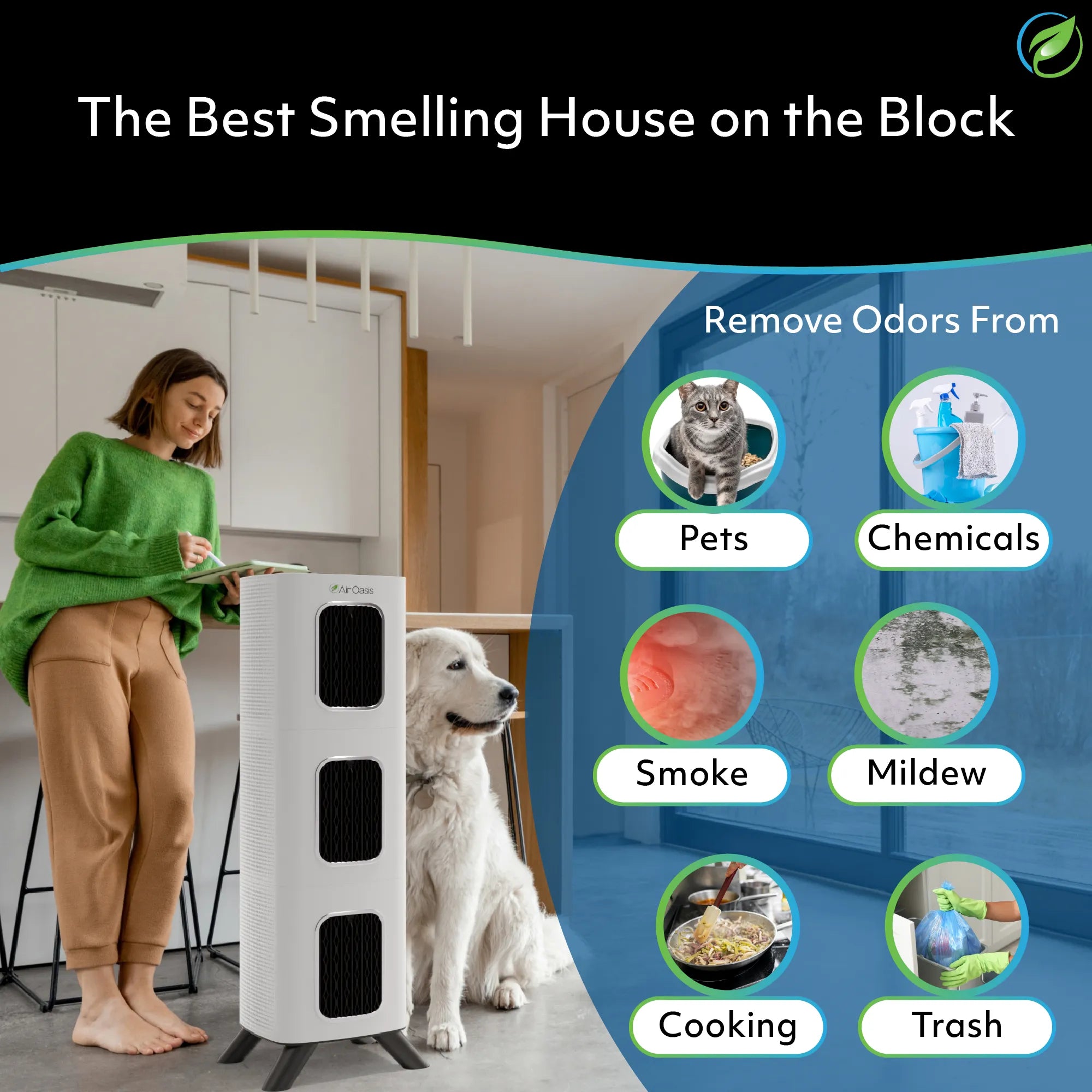remove odors from pets, chemicals, smoke, mildew, cooking and trash