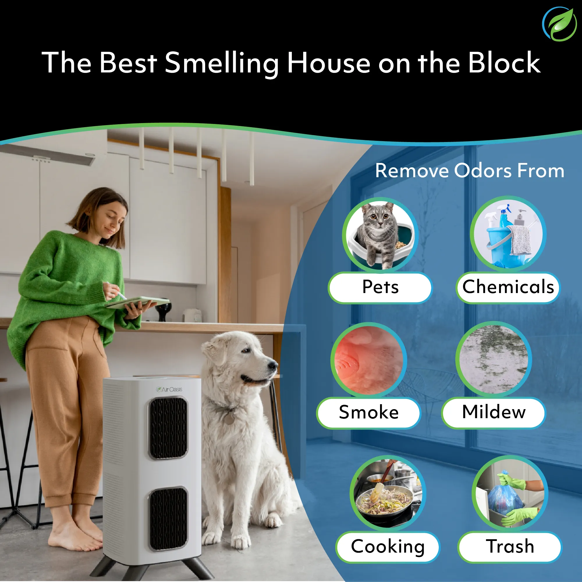 remove odors from pets, chemicals, smoke, mildew, cooking and trash