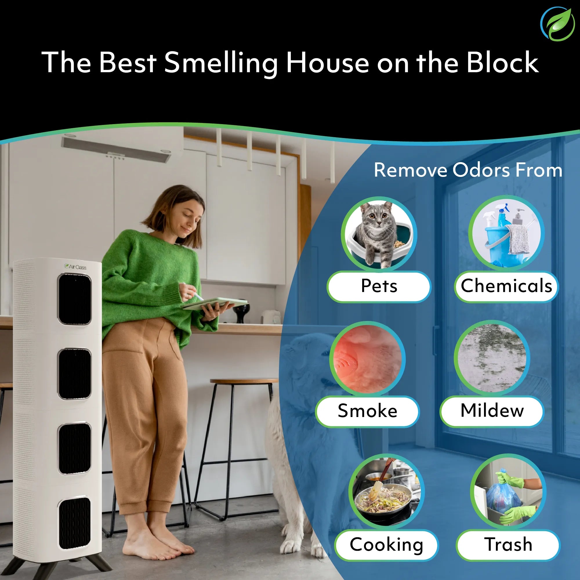 remove odors from pets, chemicals, smoke, mildew, cooking and trash