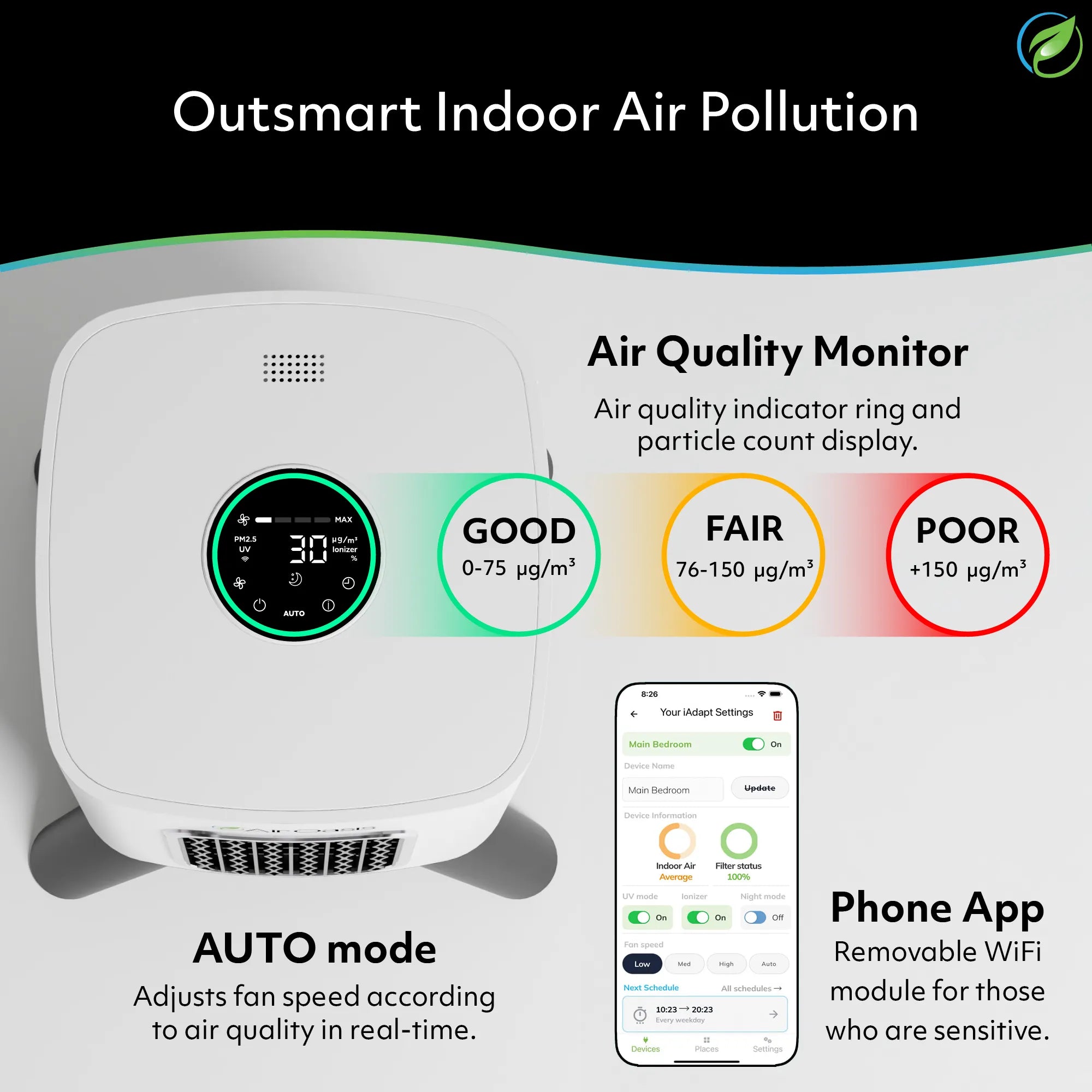 outsmart indoor air pollution with an air quality monitor, auto mode and phone app built into the iAdaptAir air purifier