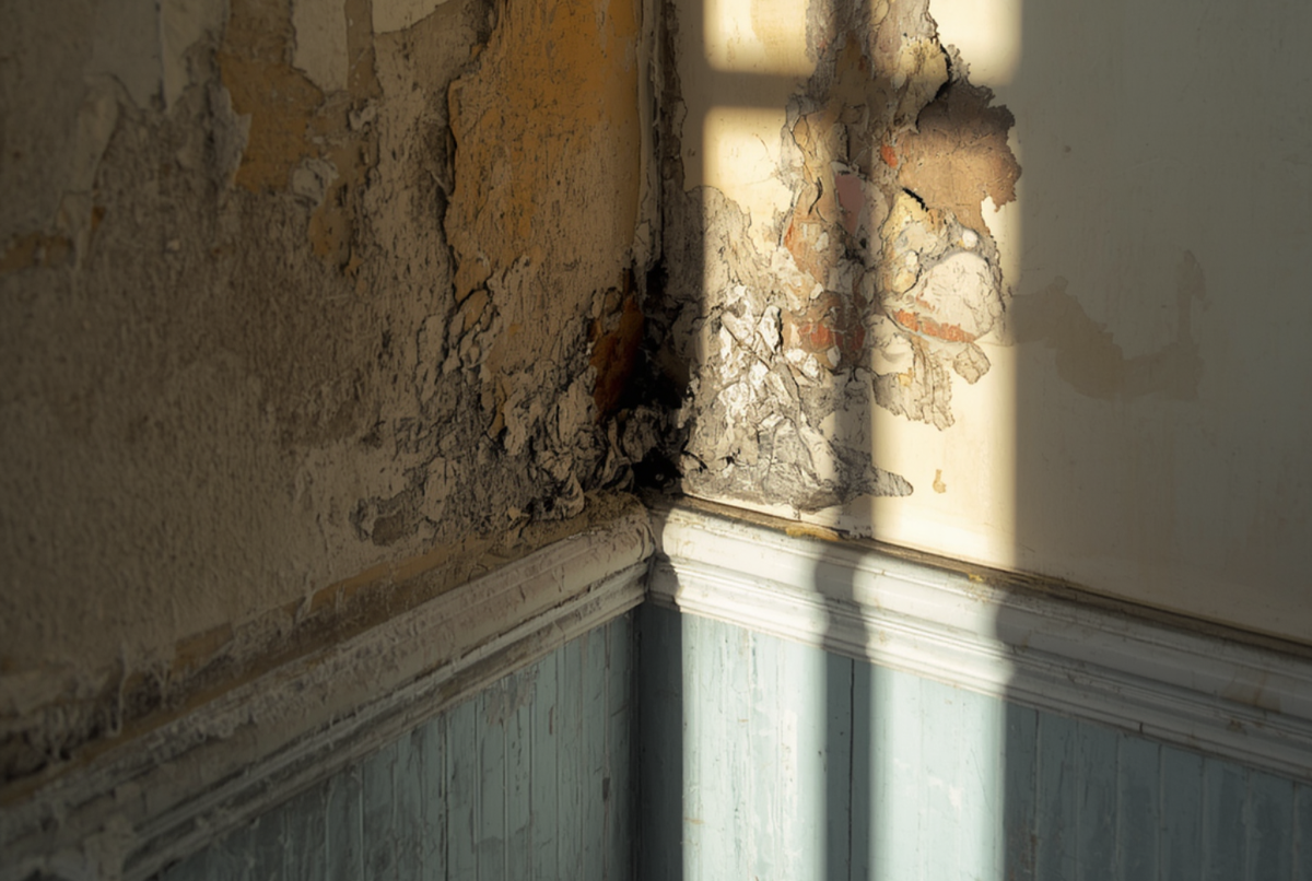 a corner of a home in partial shadow partial light with peeling paint and what looks like water damage and possible mold growth