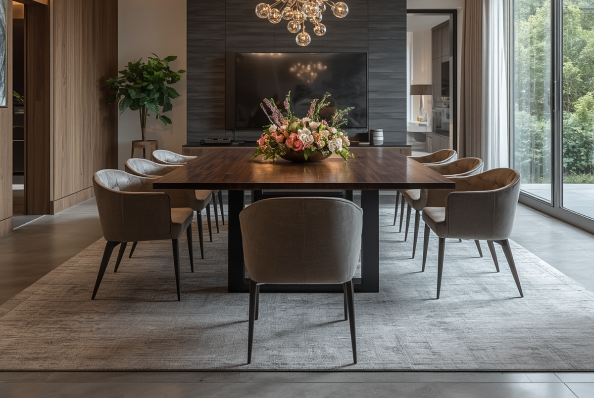 modern dining room with chairs a tv in the background next to a window with greenery outdoors