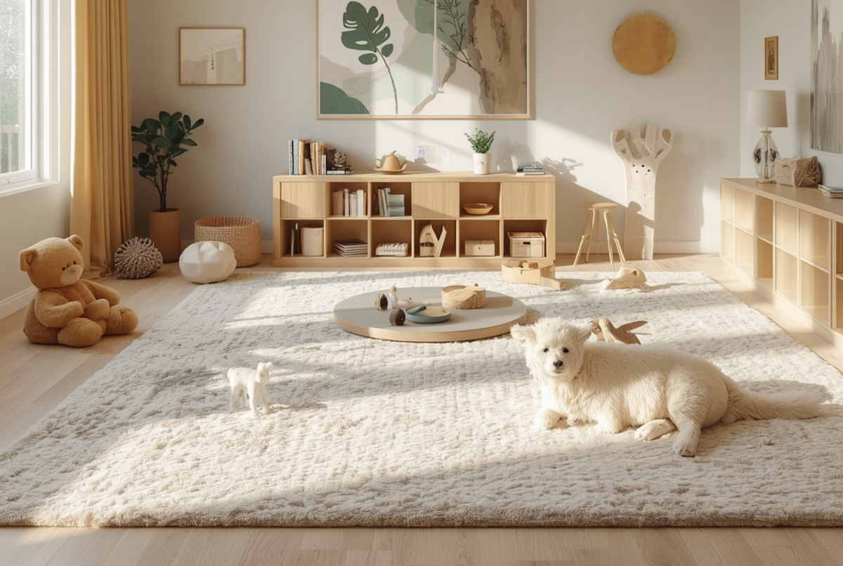 beautiful playroom with a white fluffy rug a stuffed bear and a wide window with yellow curtains - a dog is in the foreground
