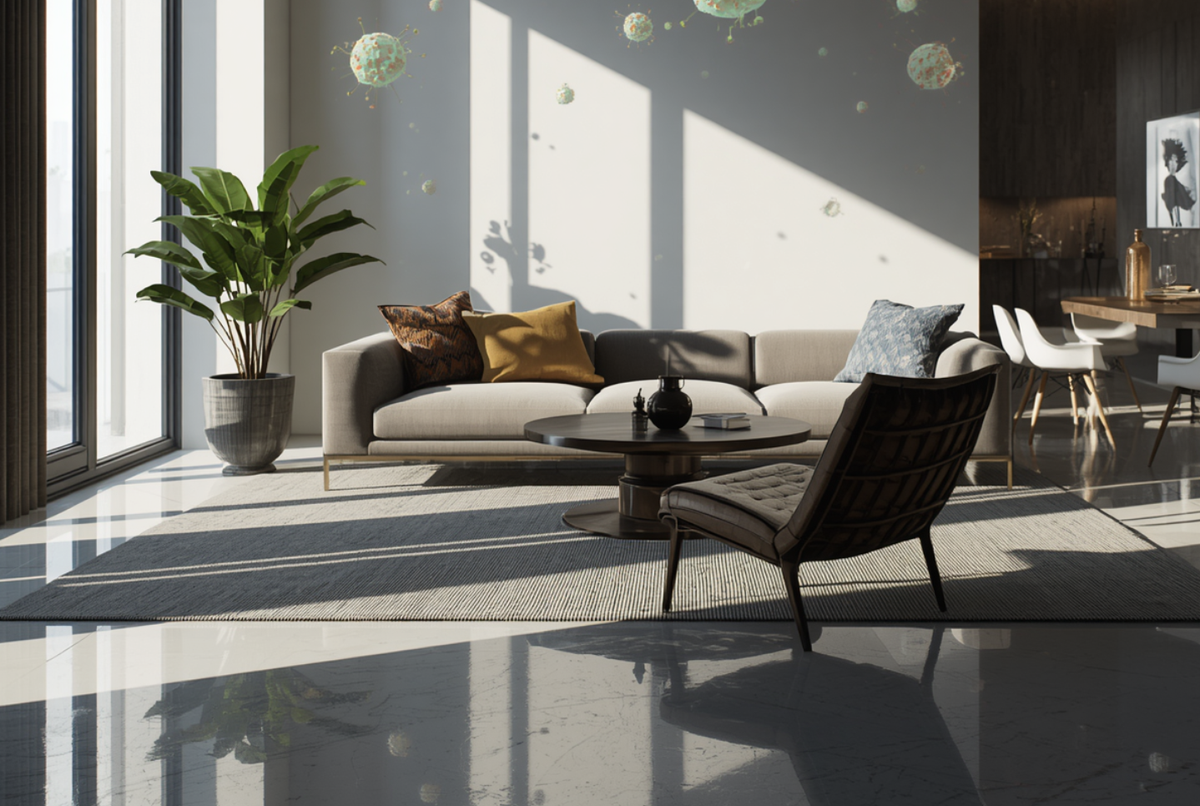 Mold spores spreading through a clean modern living room