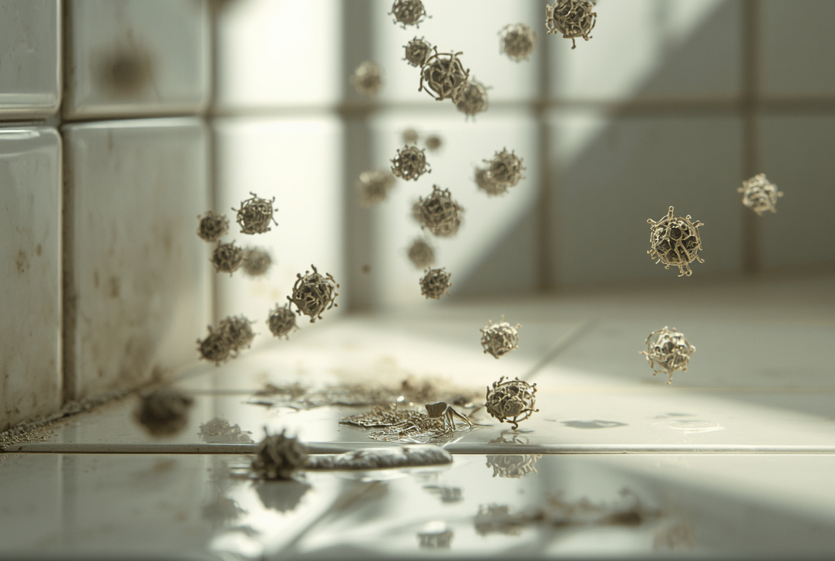 A colony of mold spores wafting through a bathroom with dirty white tiles