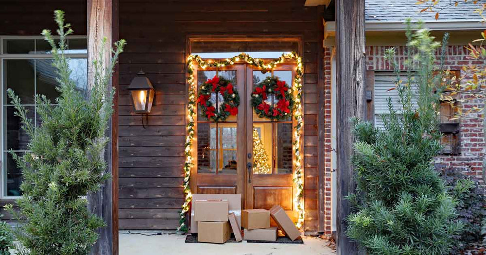 Photo of cabin doorway decorated for Christmas with packages piled on the porch