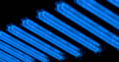 Row of lit UV light bulbs