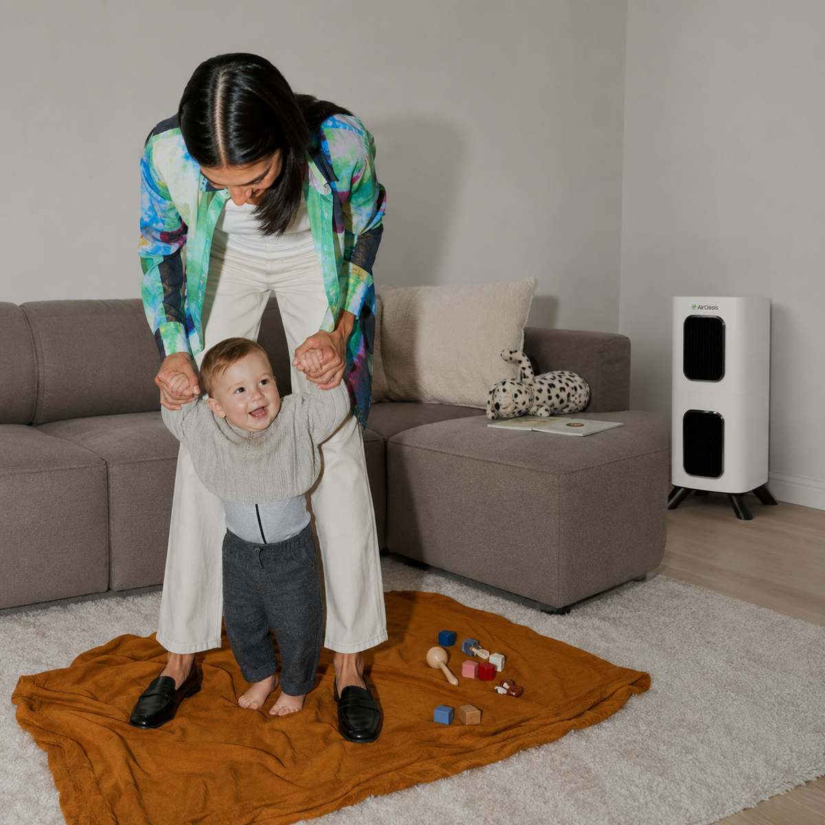 Parent and child at home with an iAdaptAir purifier