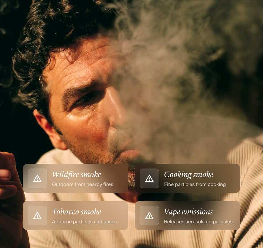 Common sources of indoor smoke: wildfire smoke, cooking smoke, tobacco smoke and vape emissions