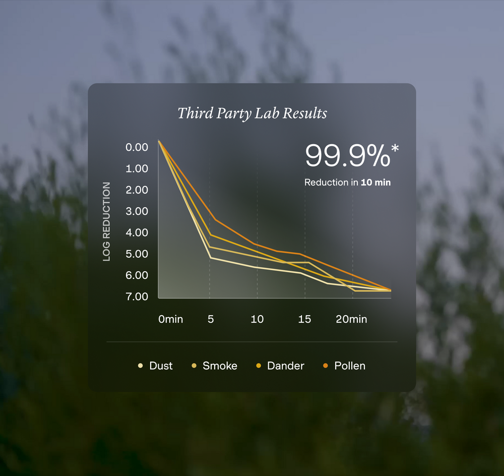 Third-party lab results chart showing 99.9% reduction of dust, smoke, dander and pollen in 10 minutes