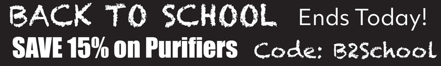 Promotional banner for back-to-school sale on purifiers with a code.
