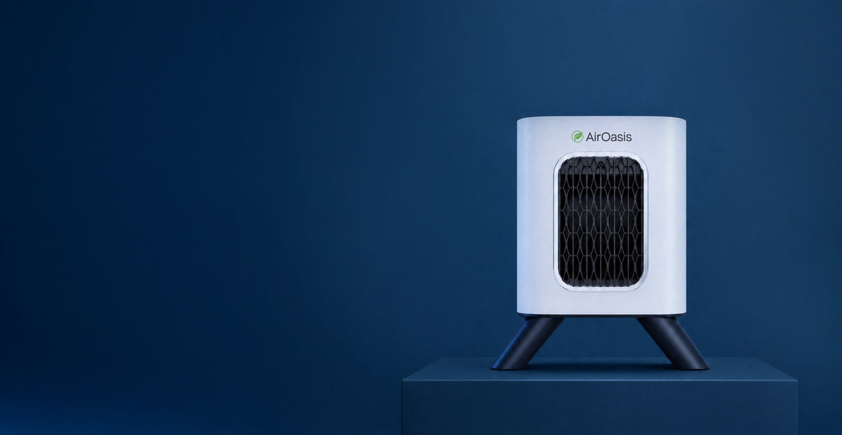 iAdaptAir Small air purifier on a pedestal against a deep blue background