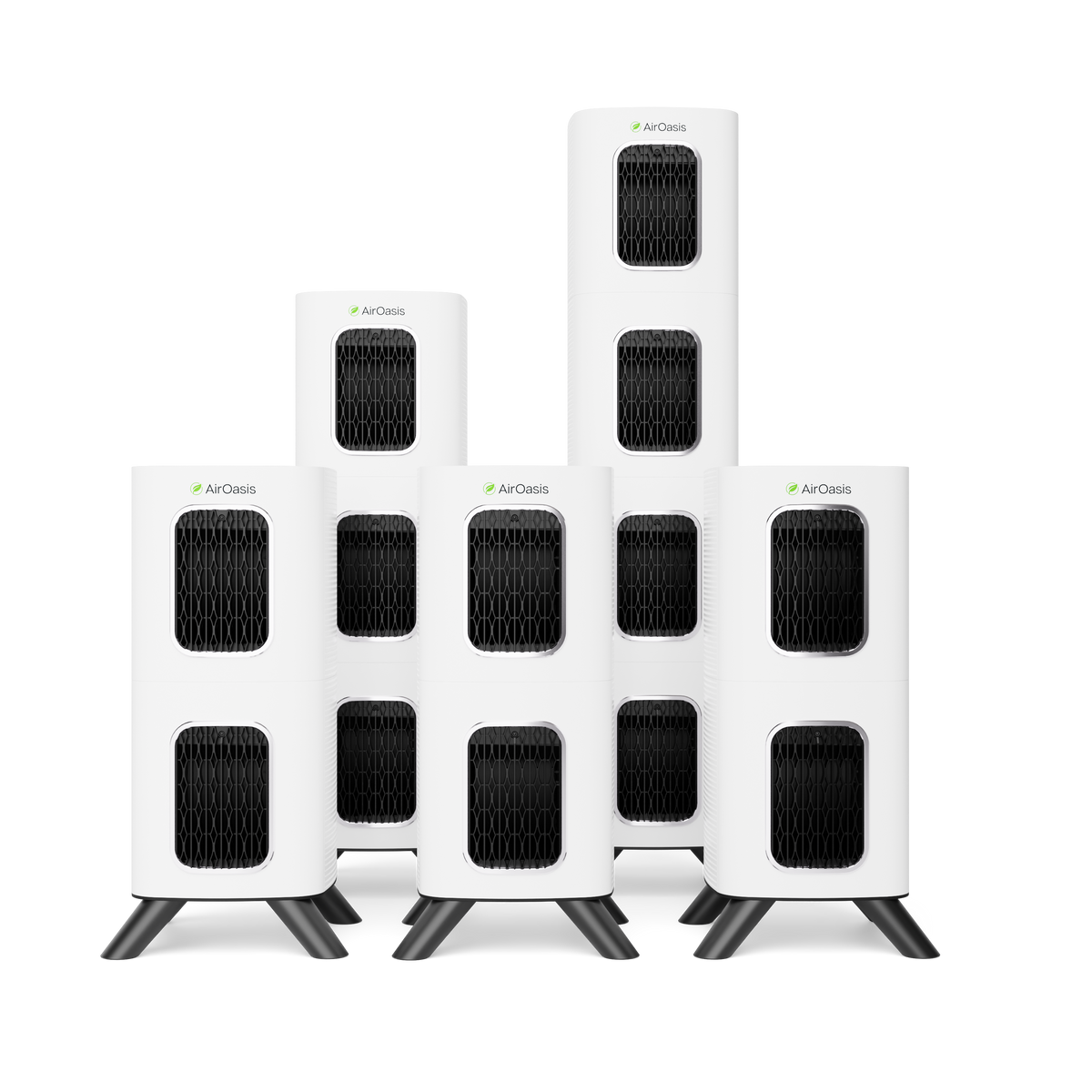 Five white air purifiers arranged in a staggered group on a solid white background.