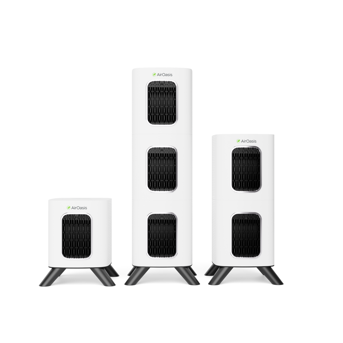 Three white air purifiers in different heights, standing on black legs against a solid white background.