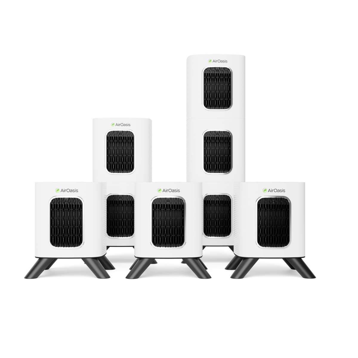 Five white air purifiers in different heights, arranged in a group on a solid white background.