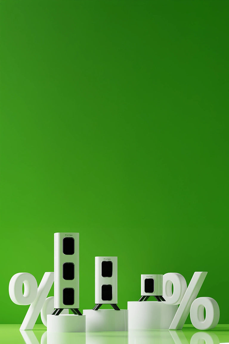 air purifiers and white percentage symbols on a green background