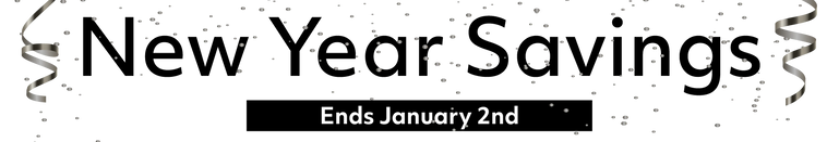 black text with new year savings and confetti 