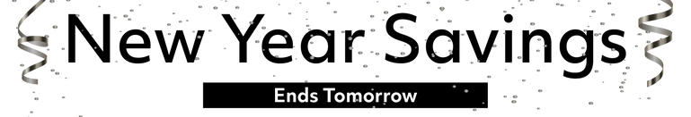 Promotional text 'New Year Savings Ends Tomorrow' in black on a white background