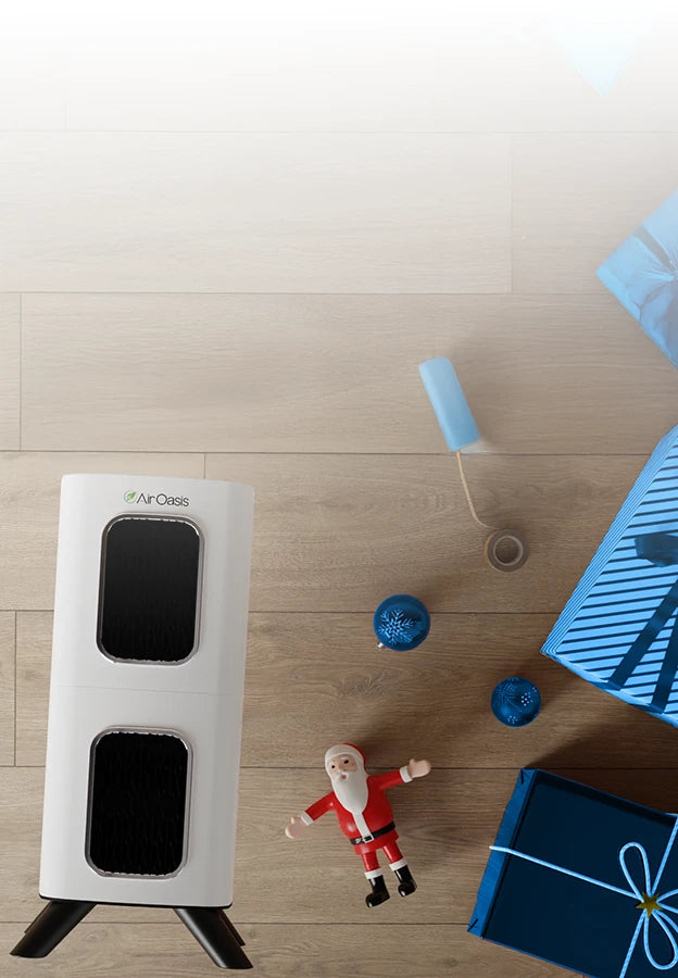 Air purifier on a wooden floor with decorative items