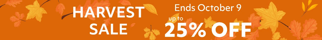 Harvest sale banner with leaves and discount text on an orange background