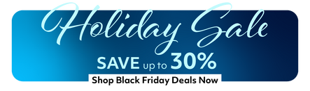 Promotional banner for a holiday sale with text 'Holiday Sale Save up to 30% Shop Black Friday Deals Now' on a blue background.