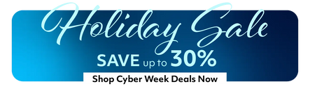 Promotional banner for a holiday sale with text 'Holiday Sale Save up to 30% Shop Cyber Week Deals Now' on a blue background.