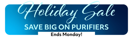 Promotional banner for a holiday sale on purifiers with a blue and white design.