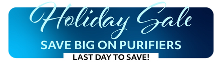 Promotional banner for a holiday sale on purifiers with a blue and white color scheme.