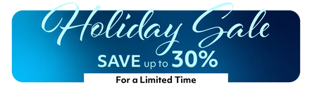 Holiday sale banner with text 'Save up to 30% for a limited time' on a blue background