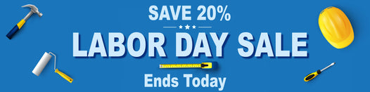 Labor Day sale banner with tools on a blue background