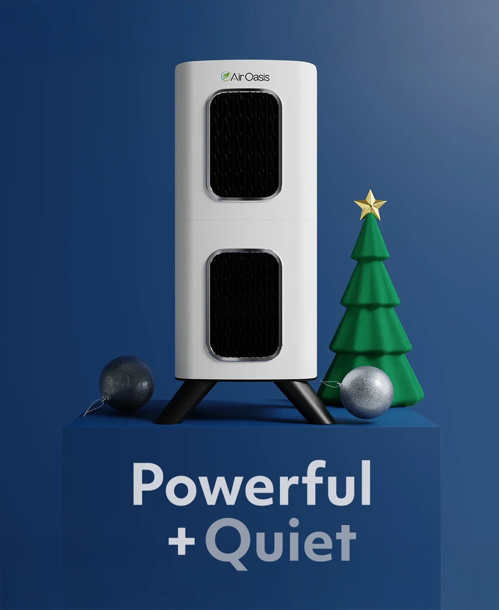 White air purifier with black filters on a blue background, featuring 'Air Cass' branding.