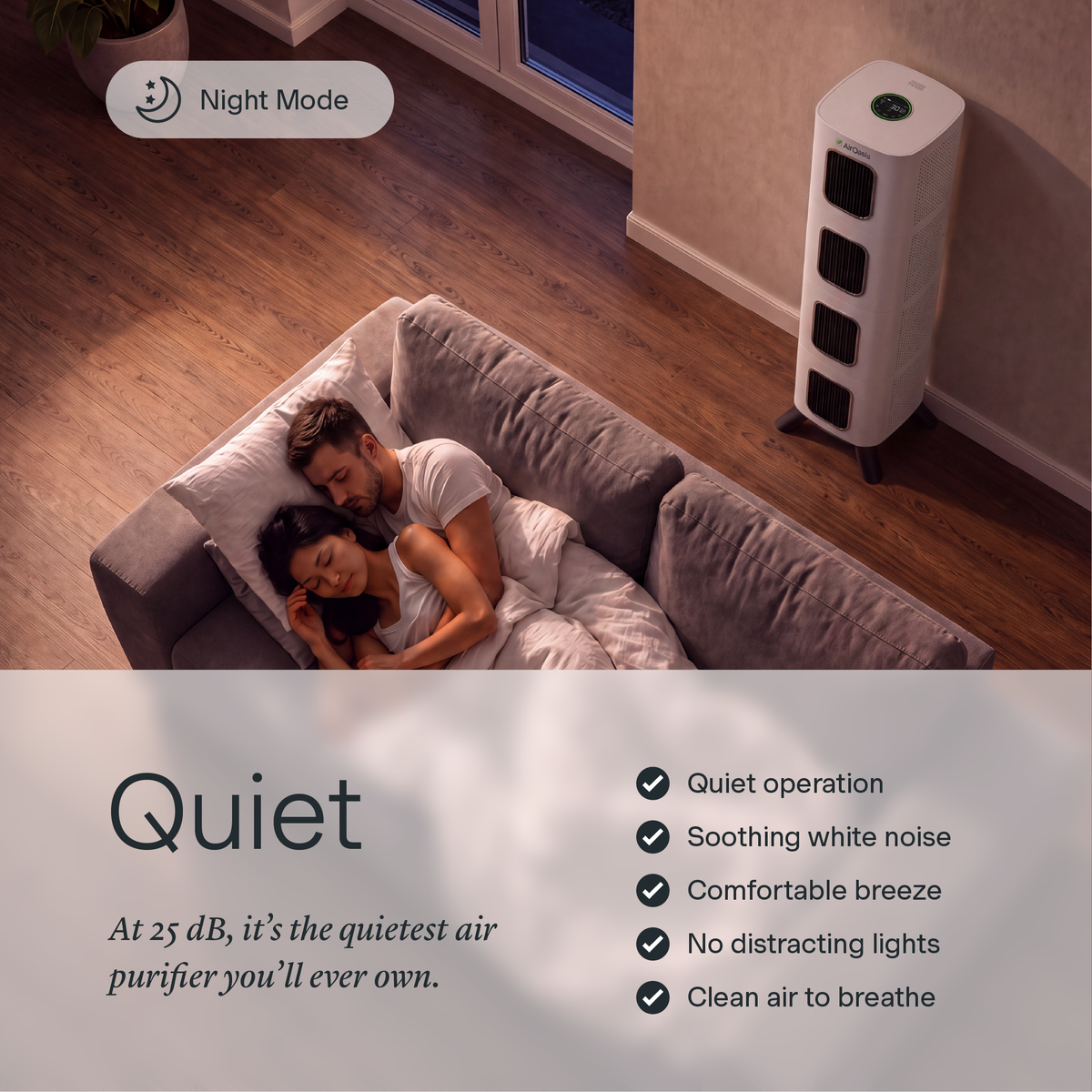 An air purifier shown in a bedroom setting next to a bed with a couple sleeping under a duvet, with text overlays highlighting its 'Night Mode' and 'Quiet' operation at 25 dB.