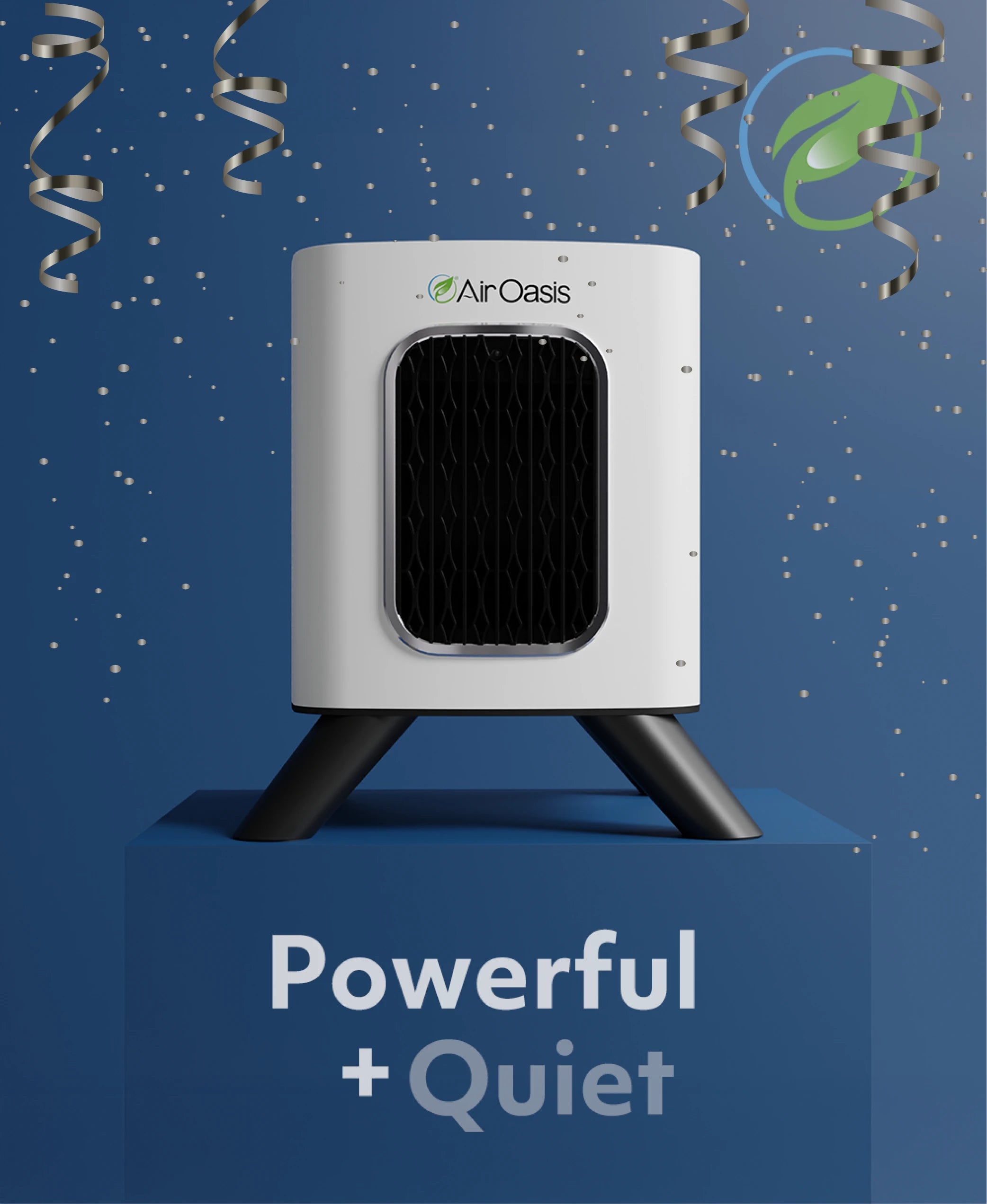 Air Oasis air purifier on a blue background with decorative elements